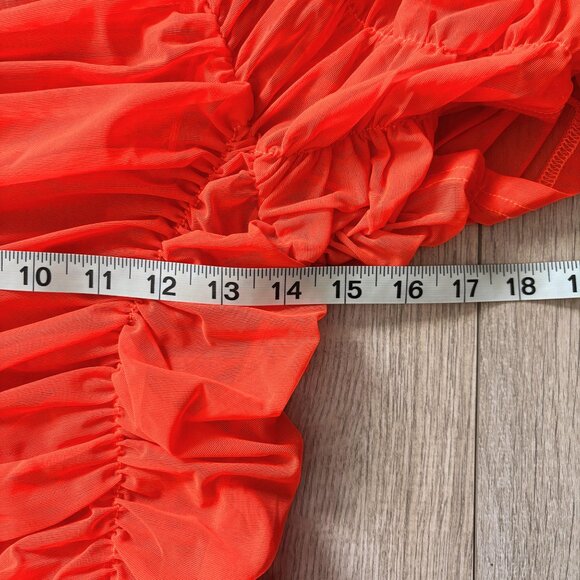 AKIRA Rory Ruched Mesh Asymmetrical Short Sleeve T-shirt Orange Womens Large Y2K - Picture 4 of 14